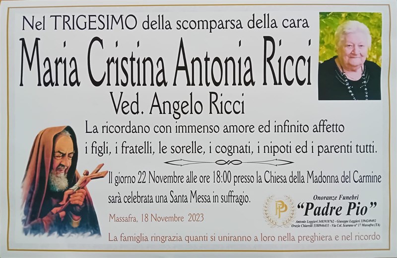 Trigesimo di Maria Cristina Antonia Ricci