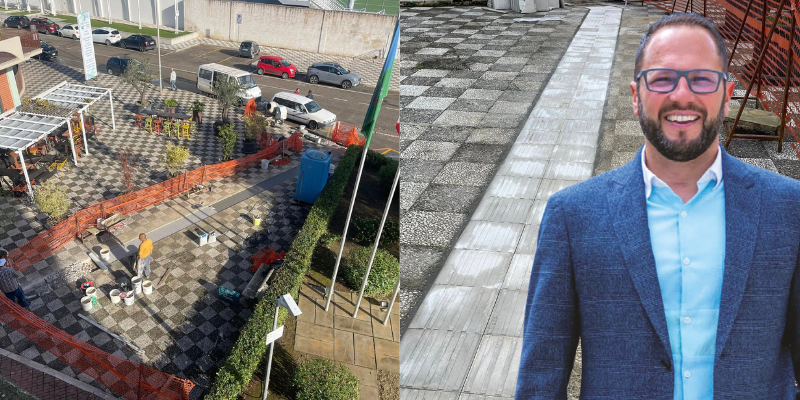 Percorso tattile in costruzione all’ingresso del municipio