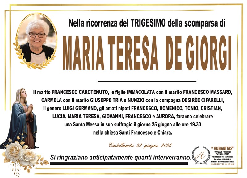 Trigesimo di Maria Teresa De Giorgi