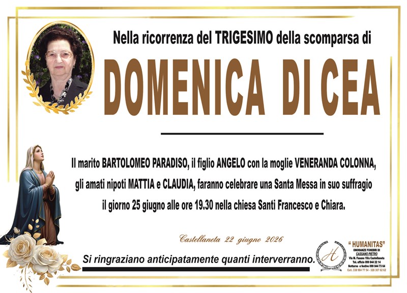 Trigesimo di Domenica Di Cea