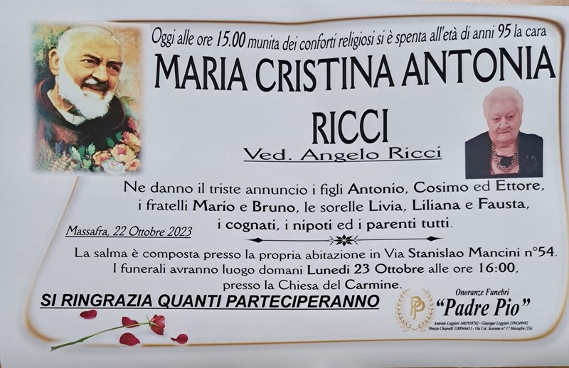 Trigesimo di Maria Cristina Antonia Ricci