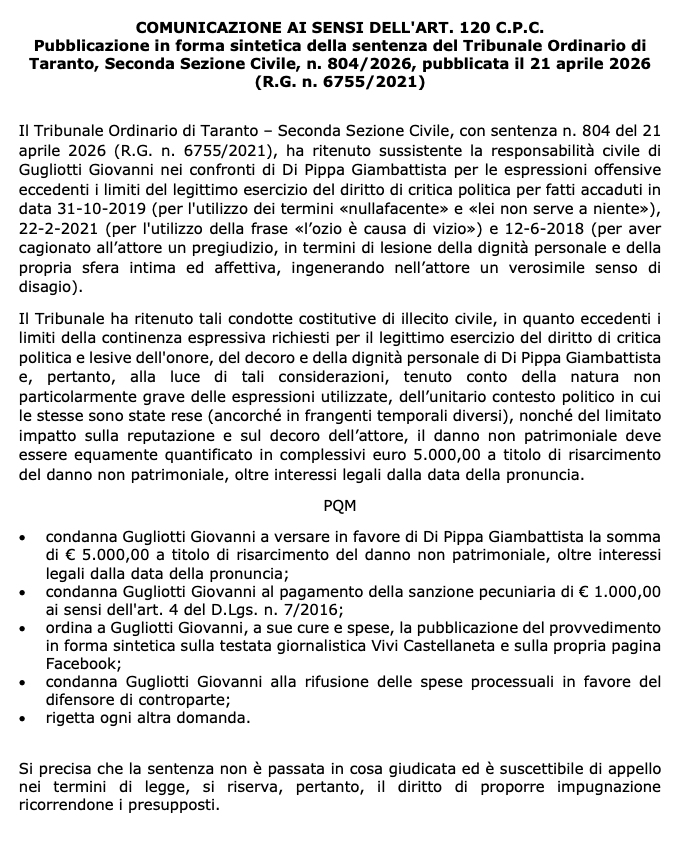 Pubblicazione sentenza ex provvedimento giudiziario Tribunale Ordinario di Taranto n. 804 del 21.04.2026